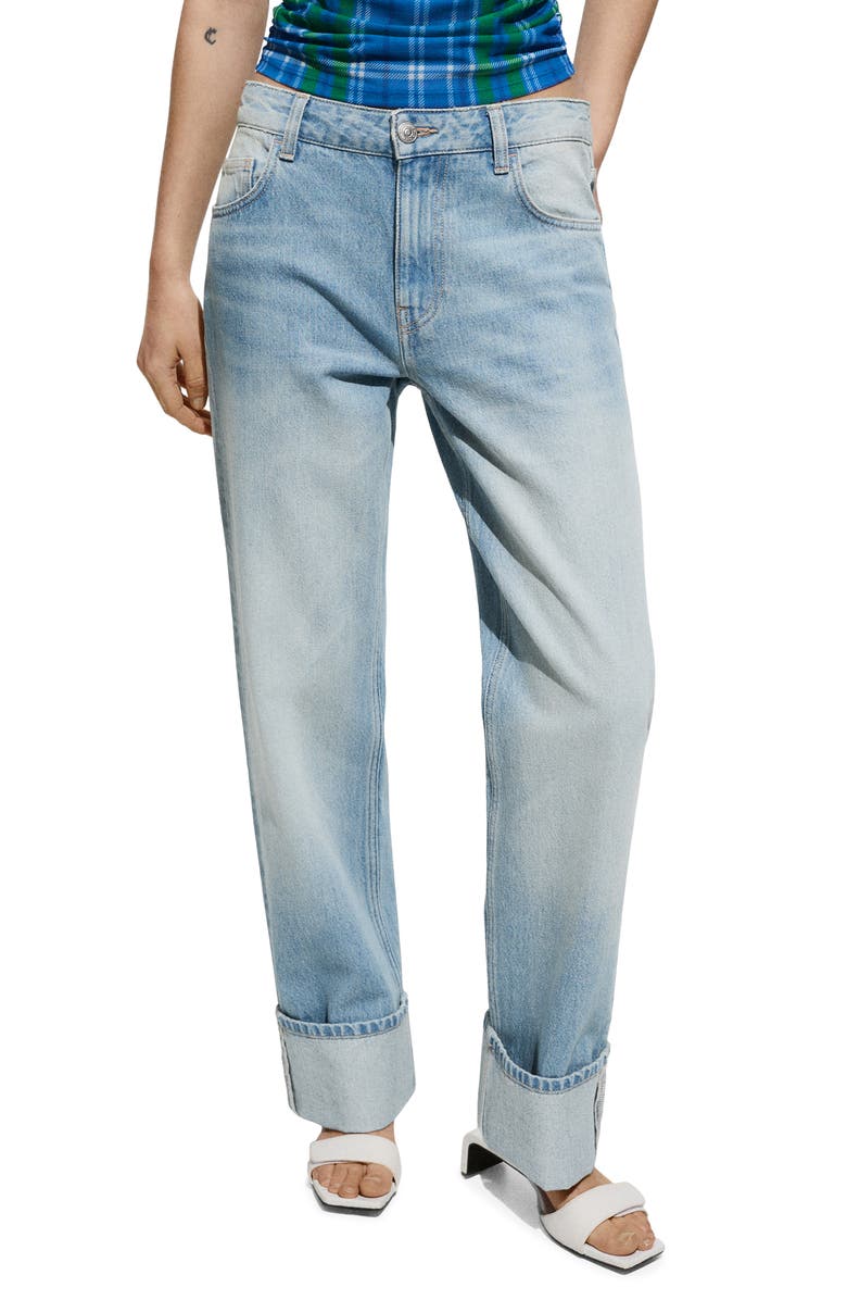 MANGO Cuffed Straight Leg Jeans, Main, color, Light Blue
