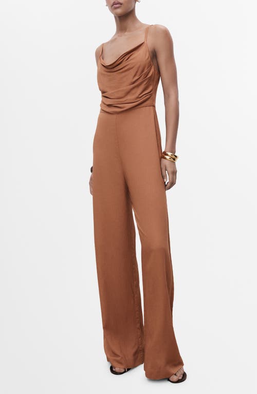 Mango Long Jumpsuit With Draped Neckline Brown In Brown