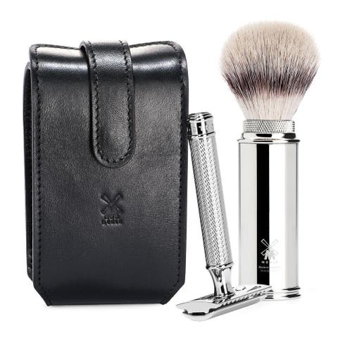 Black Leather Case, Silvertip Fiber Brush & Safety Razor Travel Set