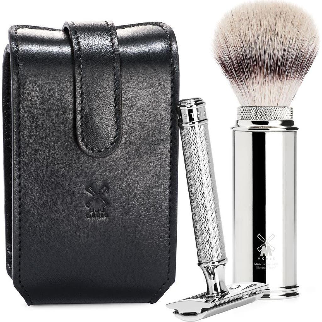 Mühle Black Leather Case, Silvertip Fiber Brush & Safety Razor Travel Set