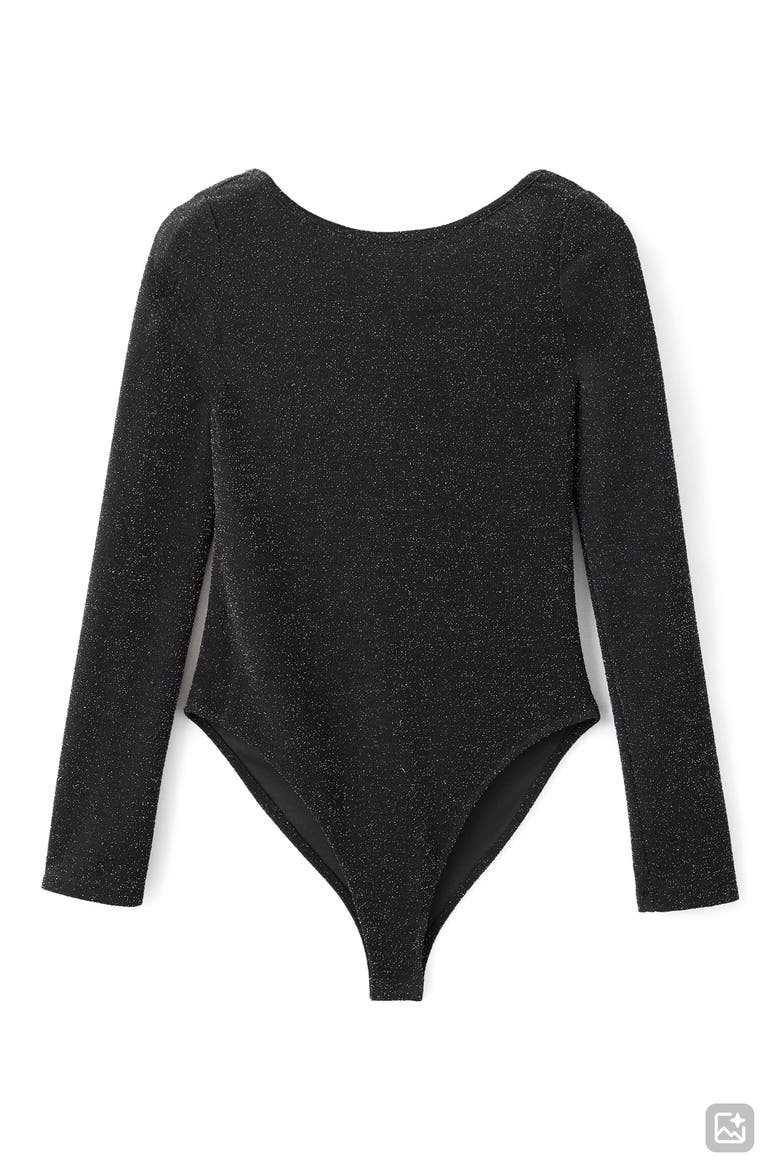 Shimmer Open Back Long Sleeve Bodysuit, Alternate, color, BLACK