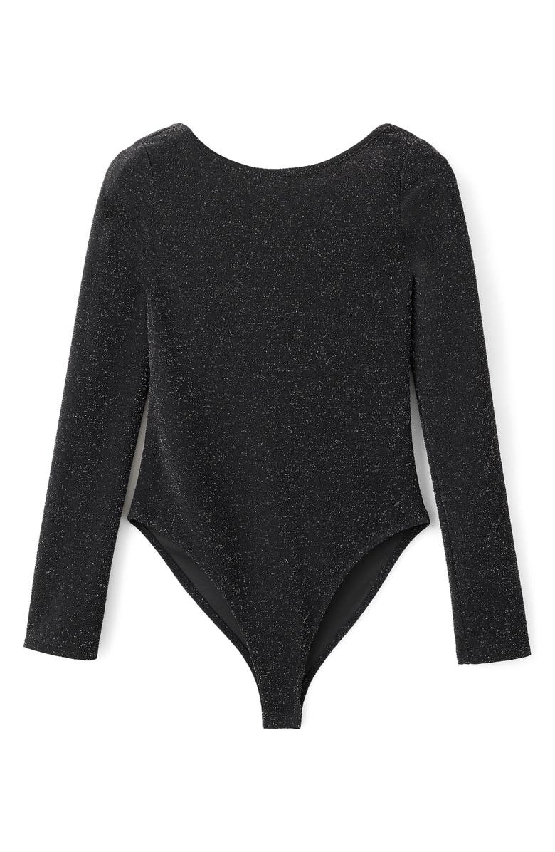 MANGO TEEN Shimmer Open Back Long Sleeve Bodysuit, Alternate, color, Black