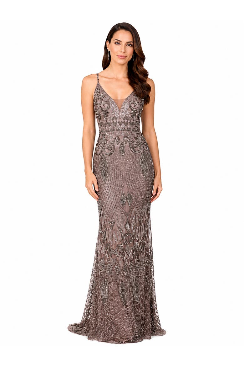 Beaded Faux-Wrap V-Neck Bridal Gown, Main, color, Grey