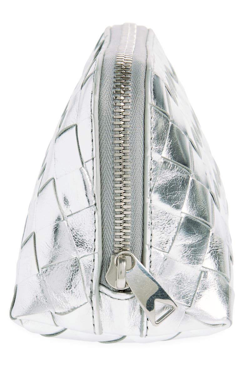 Intrecciato Metallic Leather Cosmetic Bag, Alternate, color, SILVER- SILVER
