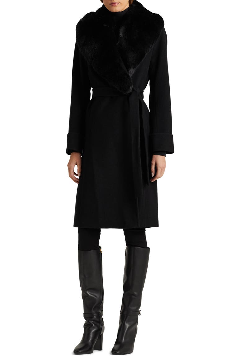 Belted Faux Fur Collar Wool Blend Wrap Coat, Main, color, BLACK