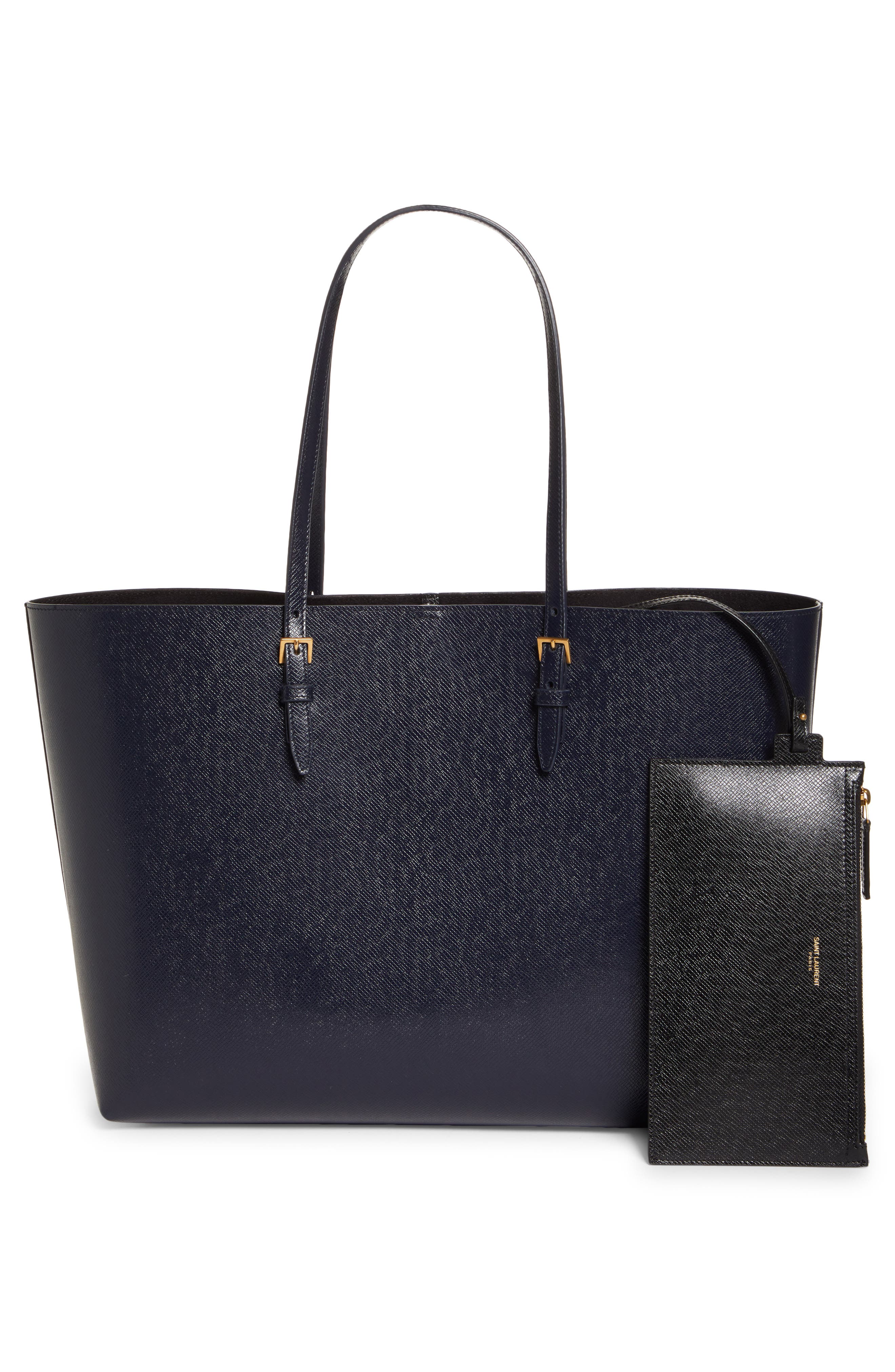 Medium East/West Leather Shopping Tote, Alternate, color, DEEP MARINE/ NERO