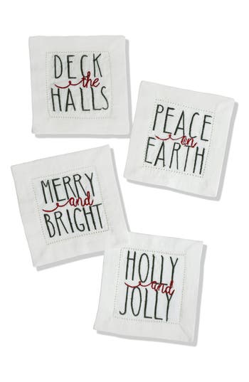 Tiramisu Embroidered Set Of 4 Holiday Cocktail Napkins In White