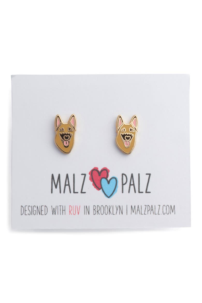 German Shepherd Enamel Stud Earrings, Main, color, TAN