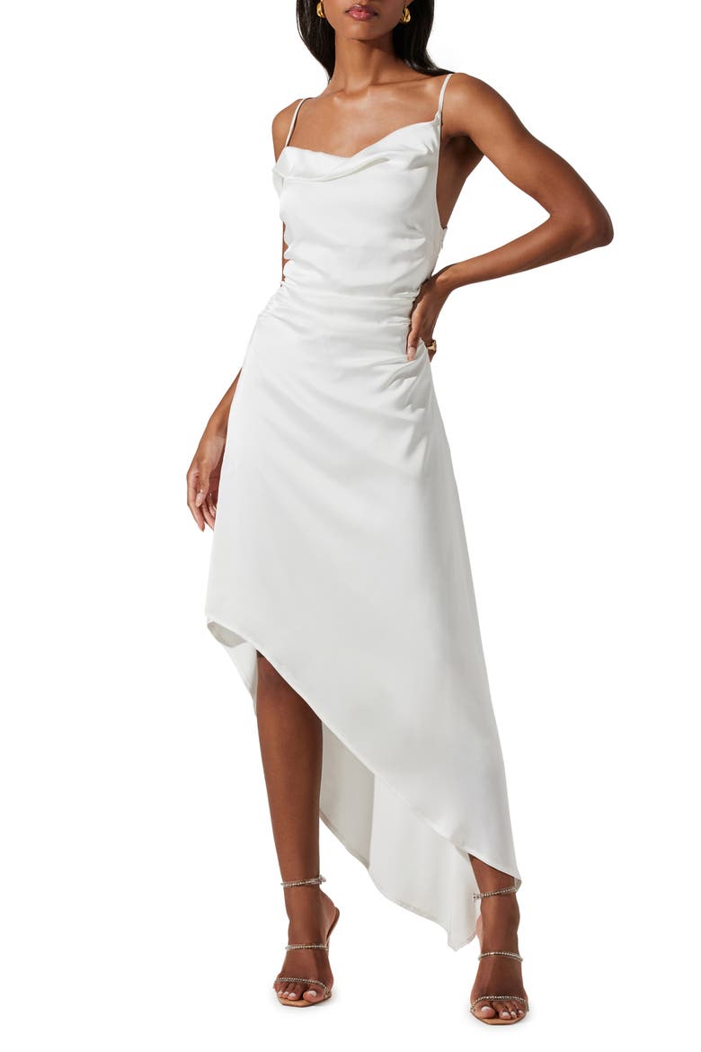 Mirie Asymmetric Satin Dress, Main, color, OFF WHITE