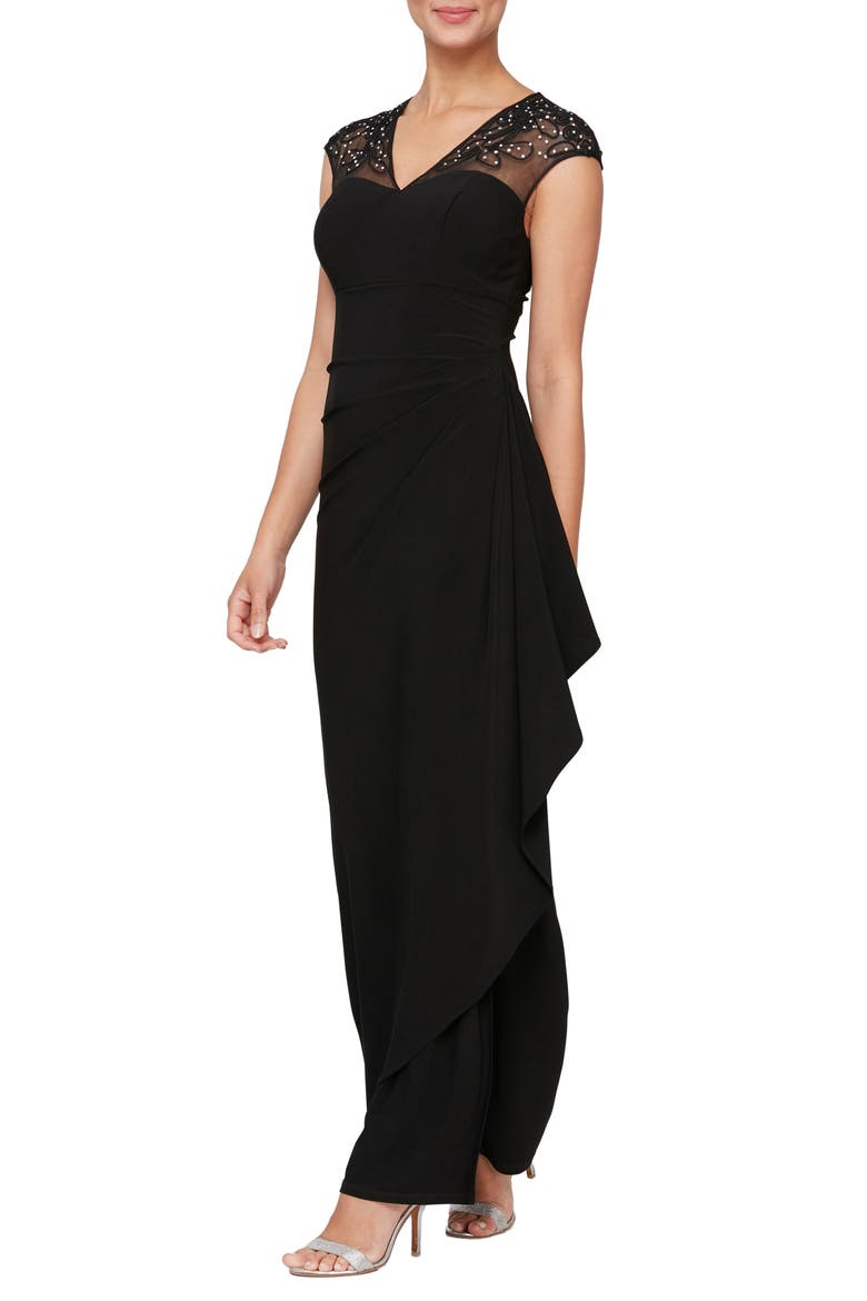 Illusion Lace Matte Jersey Column Gown, Main, color, BLACK