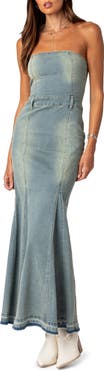 EDIKTED Astoria Strapless Release Hem Denim Maxi Dress