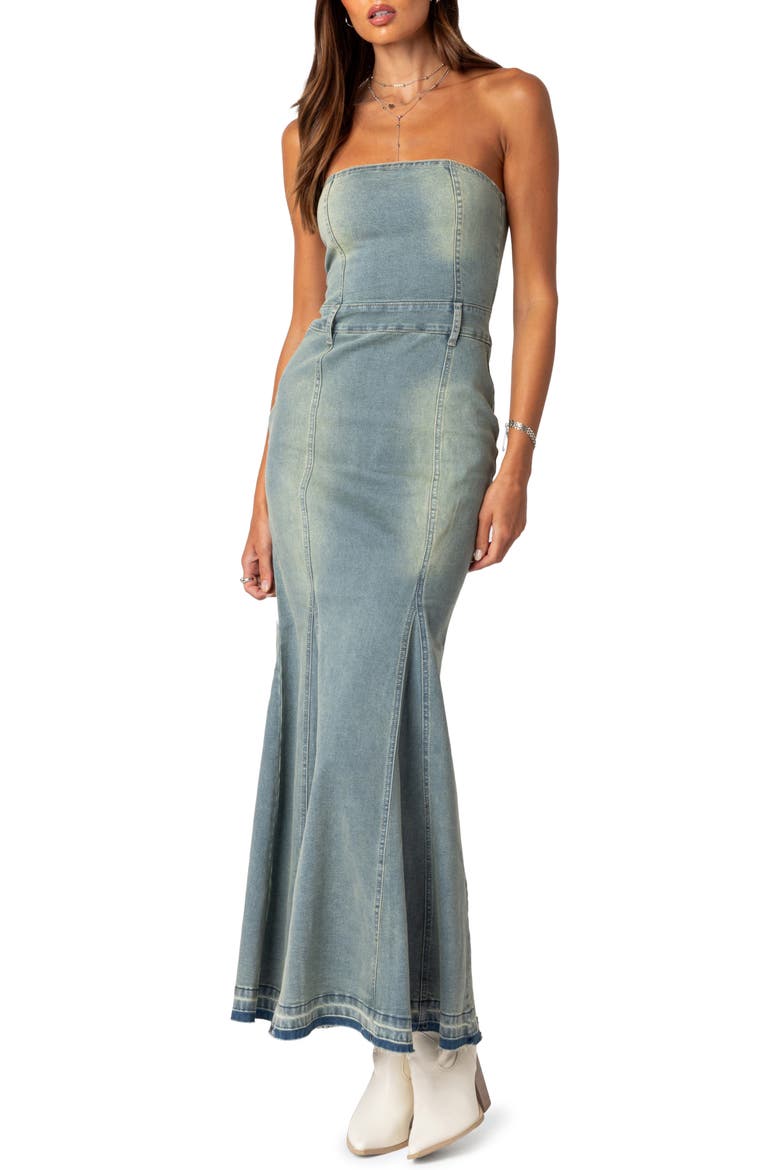 denim maxi dress strapless Women's Strapless Denim Maxi Dress by Gap Dark Wash Petite Size S