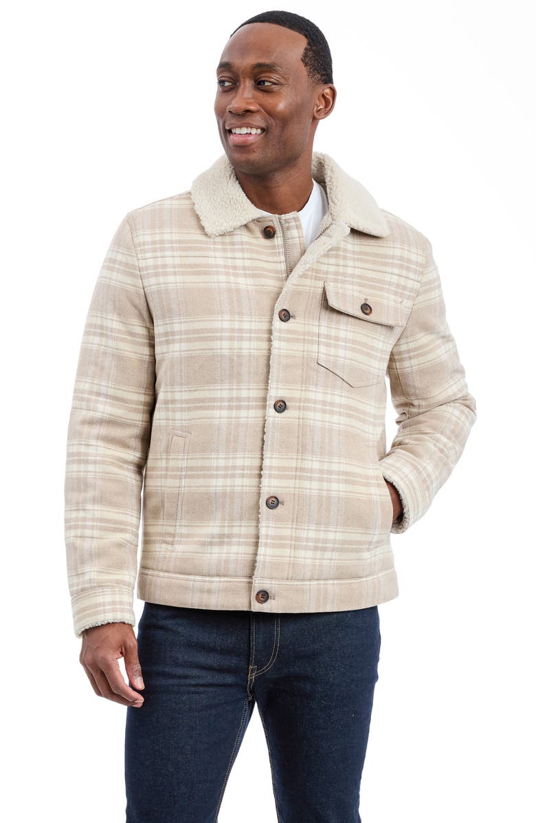 Lucky Brand Plaid Faux Shearling Lined Trucker Jacket, Alternate, color, Beige Plaid