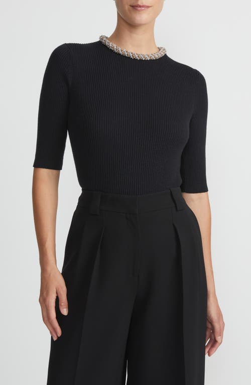 Shop Lafayette 148 New York Baroque Hand Detailed Metallic Collar Merino Wool & Silk Sweater In Black