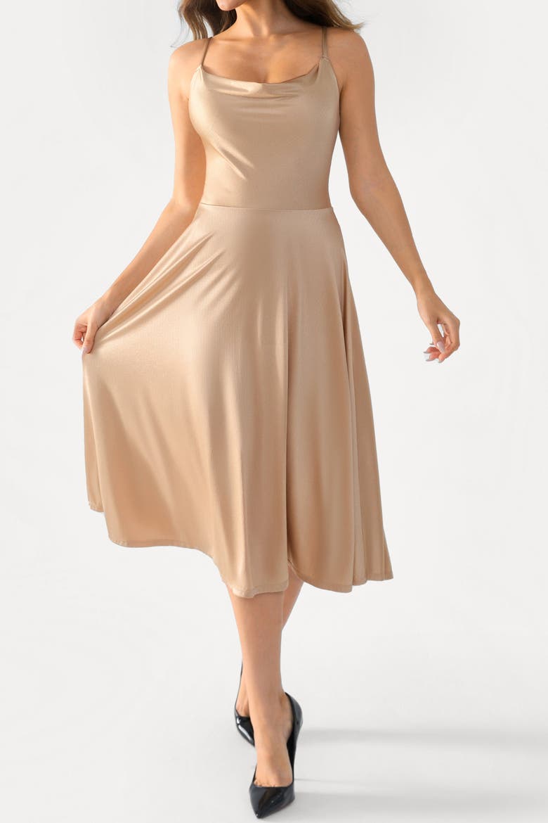 Shapewear Strappy Cowl Neck Vacation & Date Night Fit & Flare Midi Dress, Alternate, color, Champagne