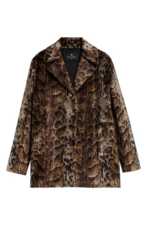 Leopard Print Cotton Blend Velveteen Coat
