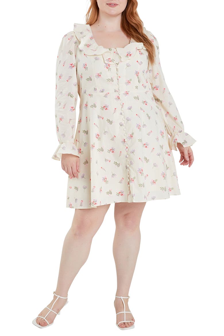 Floral Ruffle Long Sleeve Cotton Dress, Main, color, IVORY