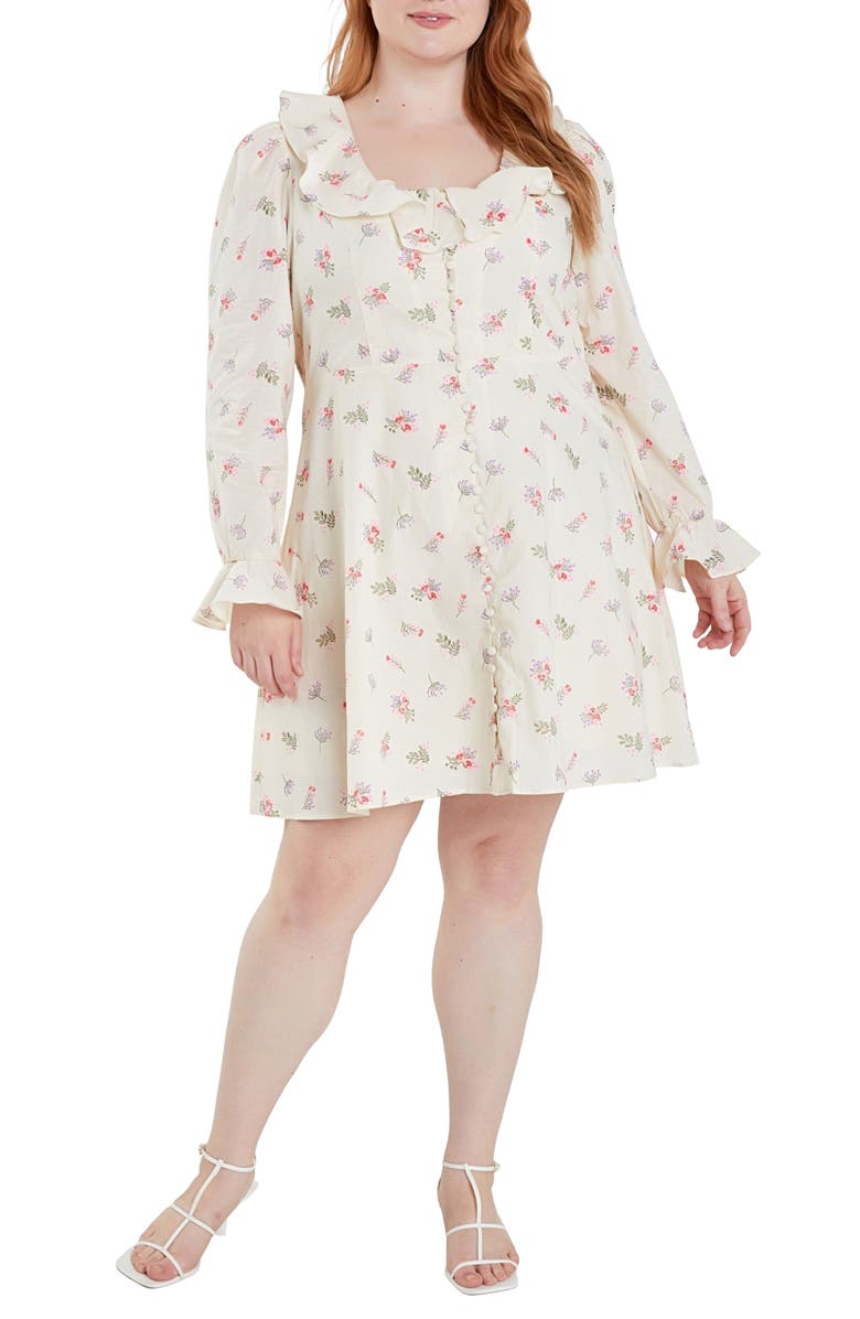 English Factory Floral Ruffle Long Sleeve Cotton Dress, Main, color, Ivory