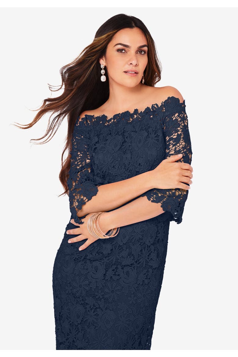 Off The Shoulder Lace Dress, Alternate, color, NAVY