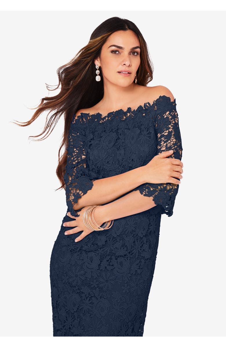 Roaman's Off The Shoulder Lace Dress, Alternate, color, Black