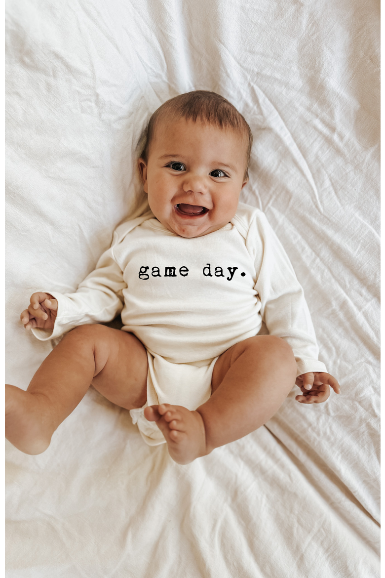 Game Day - Organic Long Sleeve Baby Bodysuit, Alternate, color, Natural Black Lettering