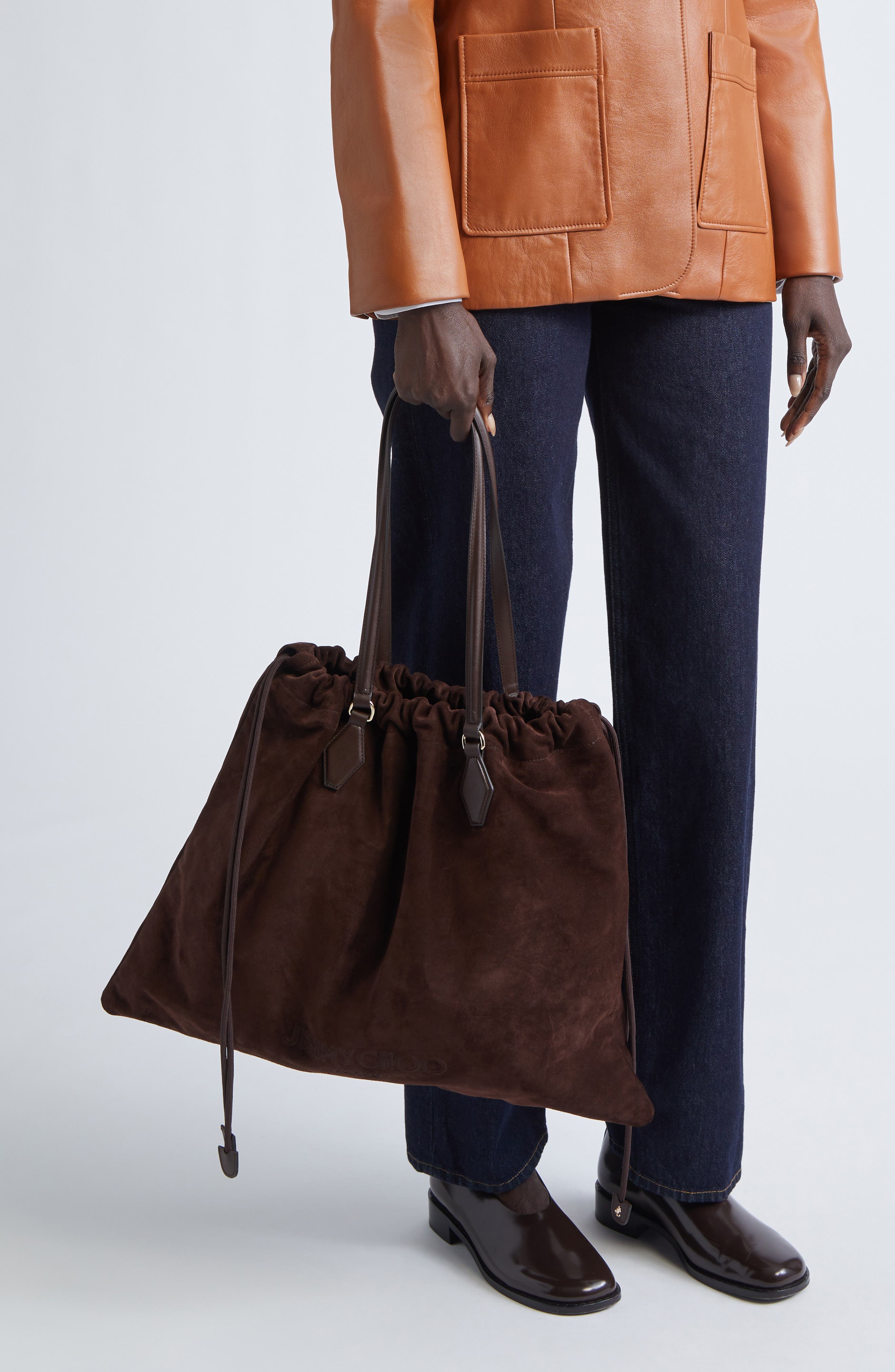 Jimmy Choo Large Drawstring Leather Tote, Alternate, color, Chocolate/ Light Gold