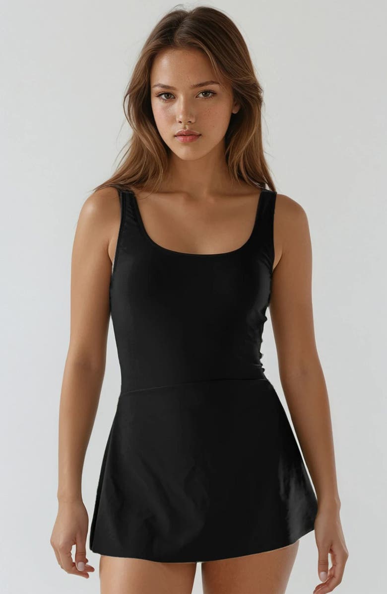 Calypsa Hayley Tankini-Style Swim Dress With Adjustable Straps and Hidden Bikini Bottoms, Main, color, Black