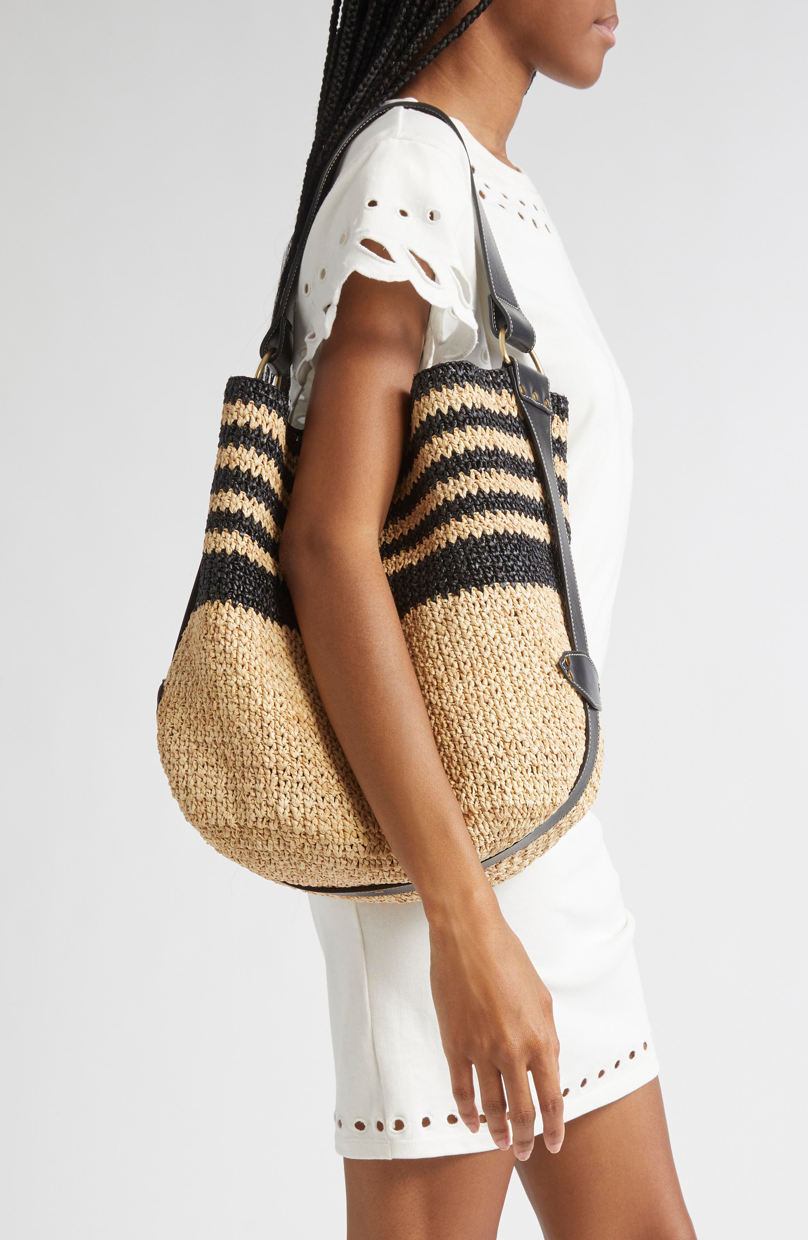Isabel Marant Bayia Stripe Raffia Hobo Bag, Alternate, color, Black/ Natural