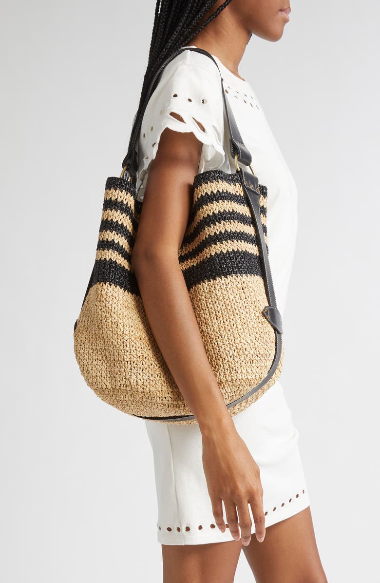 Isabel Marant Bayia Stripe Raffia Hobo Bag, Alternate, color, Black/ Natural