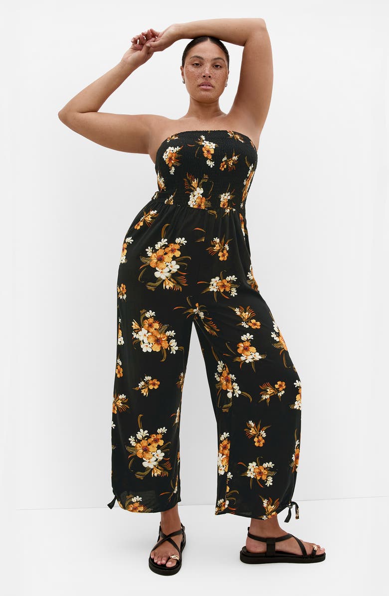 City Chic Aruba Floral Strapless Jumpsuit, Alternate, color, Black Print