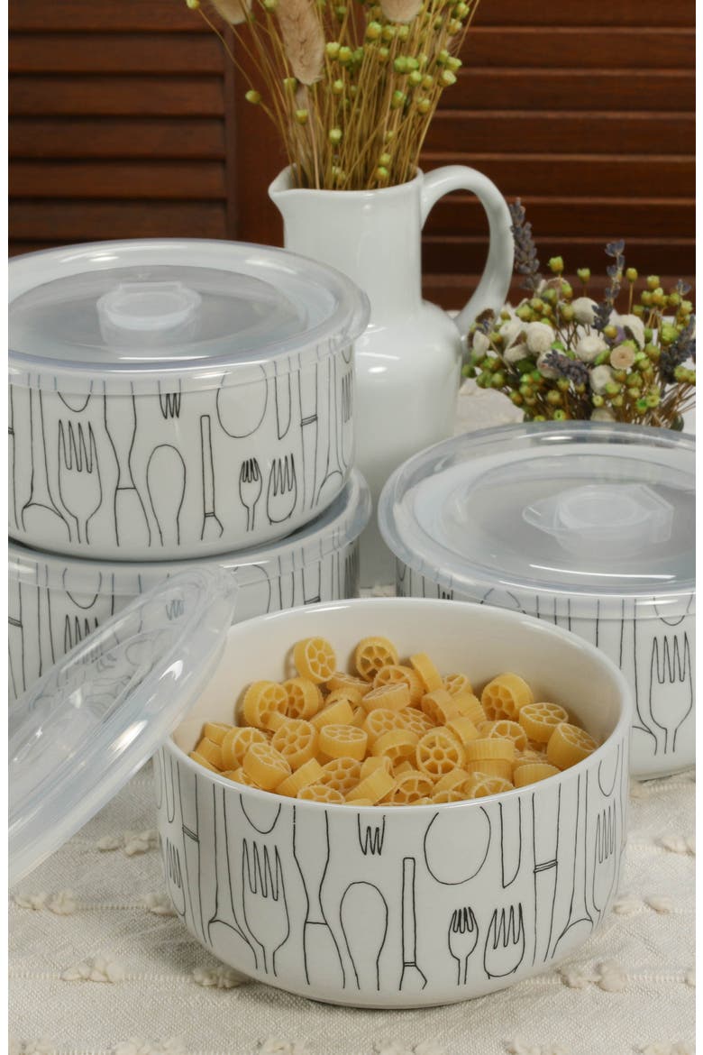 Set of 4 Large Storage Bowl with Lid, Alternate, color, WHITE
