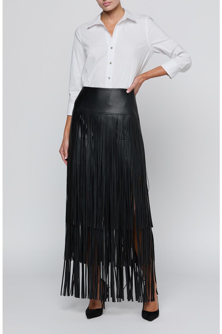 Karoline Faux Leather Maxi Fringe Skirt, Alternate, color, BLACK