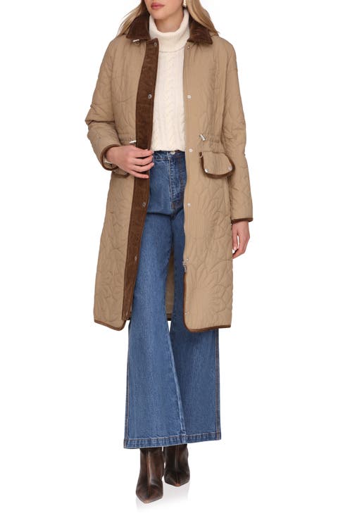 Corduroy Trim Hooded Quilted Coat