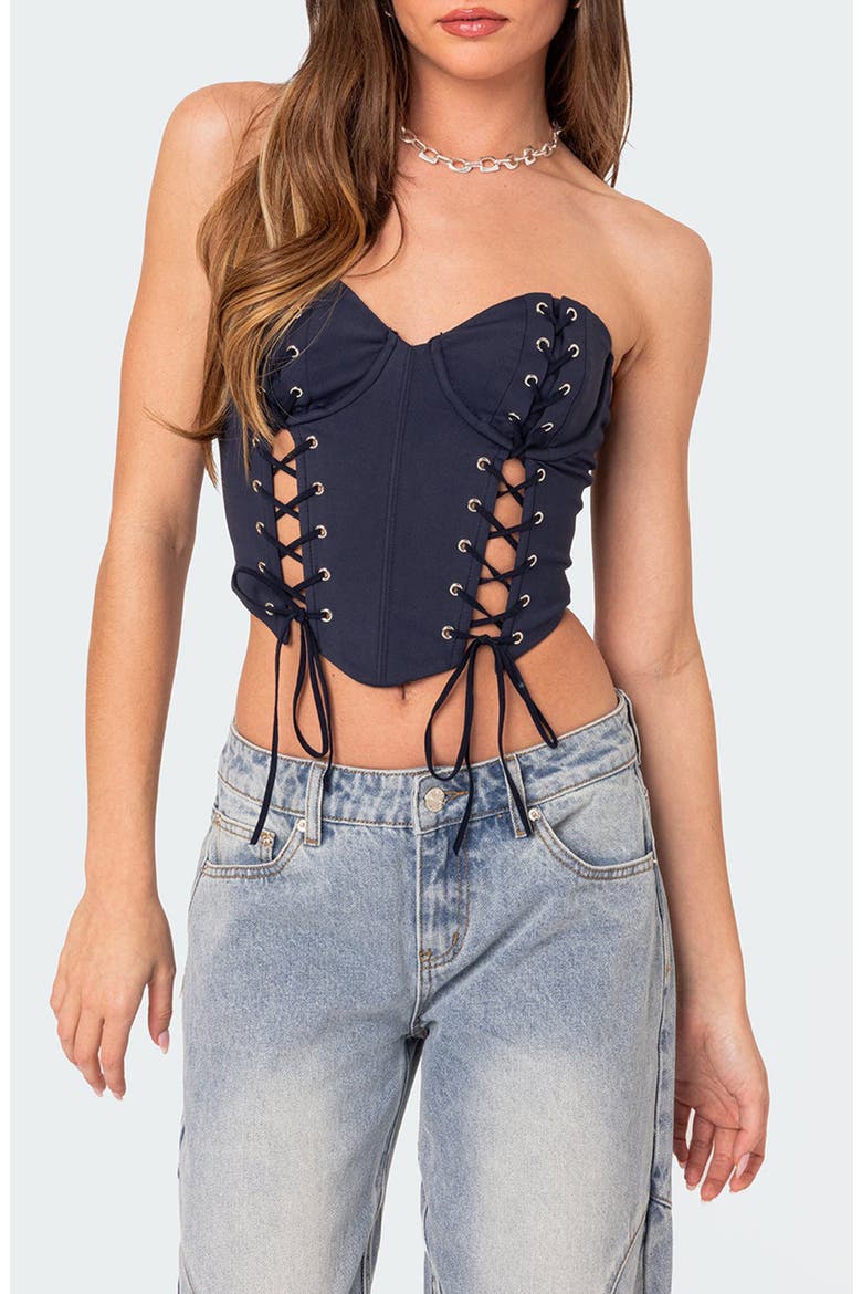 McKenna Lace-Up Strapless Corset Crop Top, Main, color, NAVY