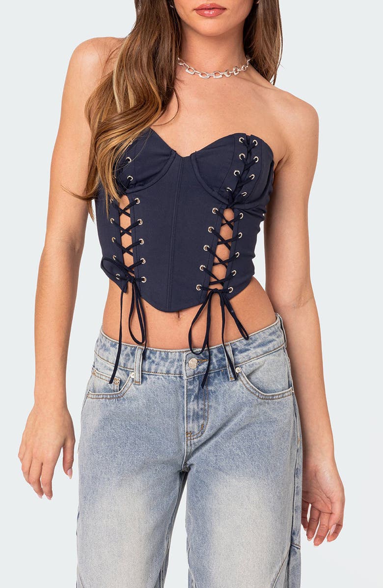 EDIKTED McKenna Lace-Up Strapless Corset Crop Top, Main, color, 