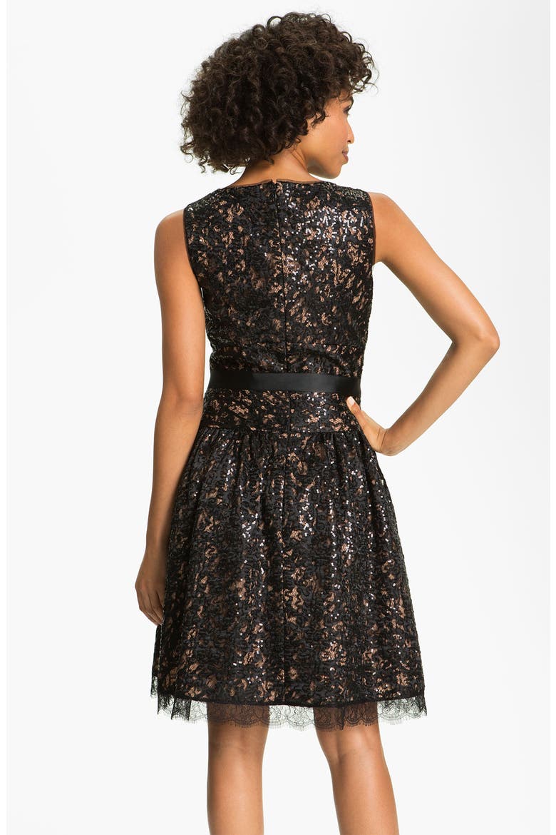 V-Neck Sequin Fit & Flare Dress, Alternate, color, BLACK