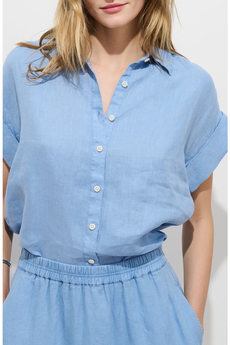 Maddie Linen Short Sleeve Button-Up Shirt, Main, color, BEL AIR BLUE