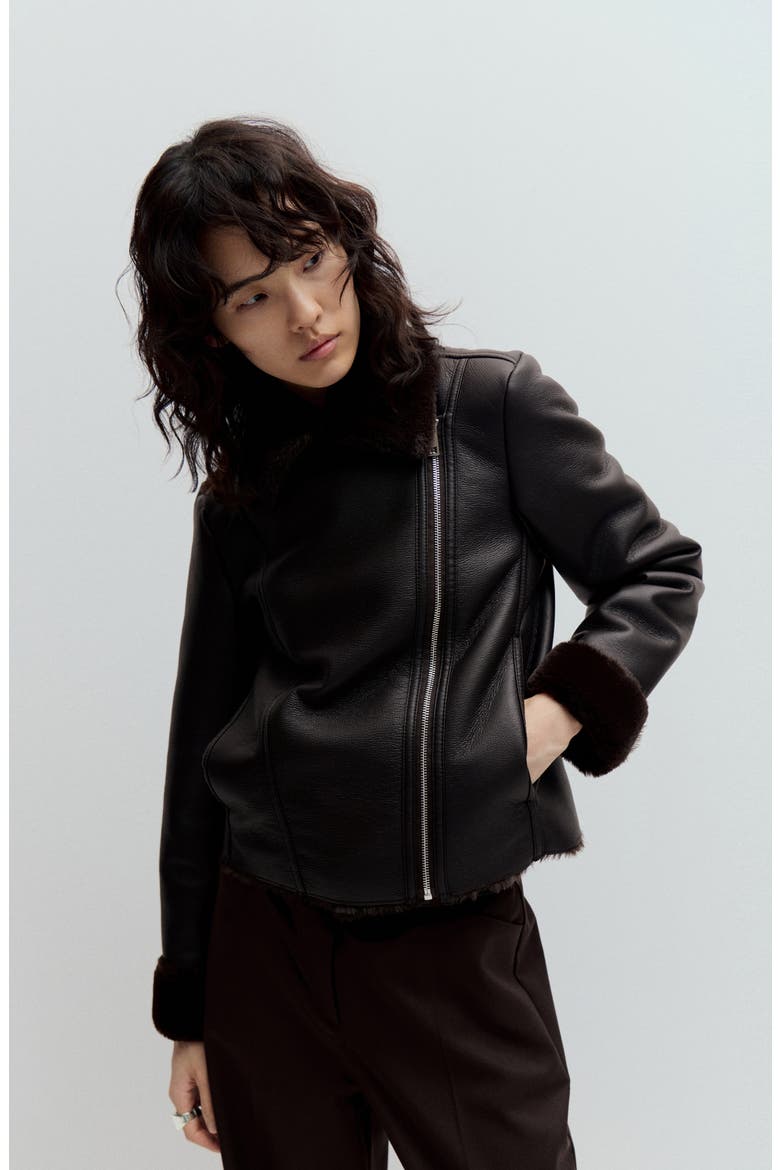 Faux Leather & Faux Fur Moto Jacket, Alternate, color, CHOCOLATE