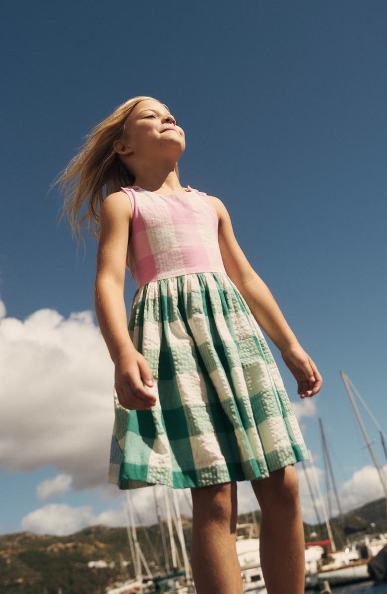 Mini Boden Kids' Harper Colorblock Plaid Cross Back Cotton Sundress, Alternate, color, Gingham Hotchpotch