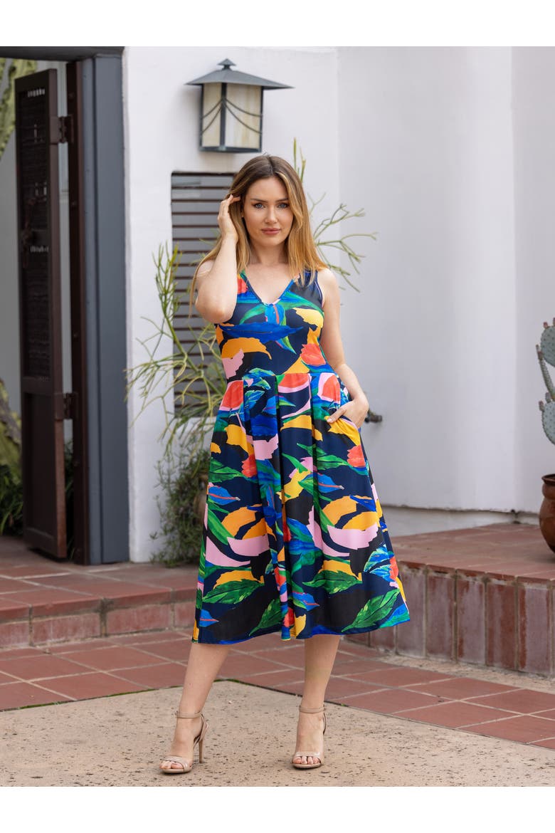 Midi Length Multicolor Sleeveless Pleated Pocket Dress, Alternate, color, Navy Multi