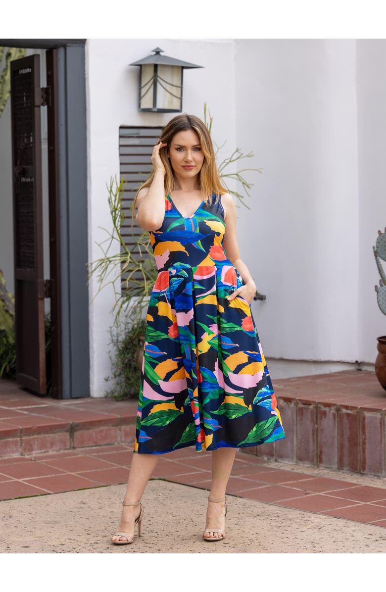 24seven Comfort Apparel Midi Length Multicolor Sleeveless Pleated Pocket Dress, Alternate, color, Navy Multi