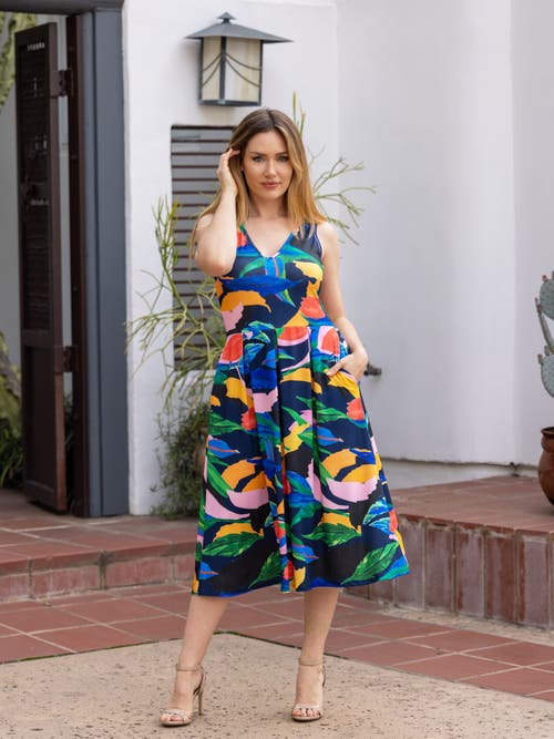 24seven Comfort Apparel Print Sleeveless Pleated Pocket Midi Dress In Multi