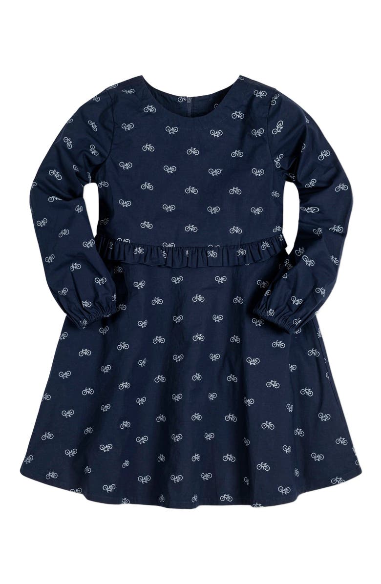 Hope & Henry Girls' Ruffle Waist Dress, Kids, Main, color, Navy Bicycle Print