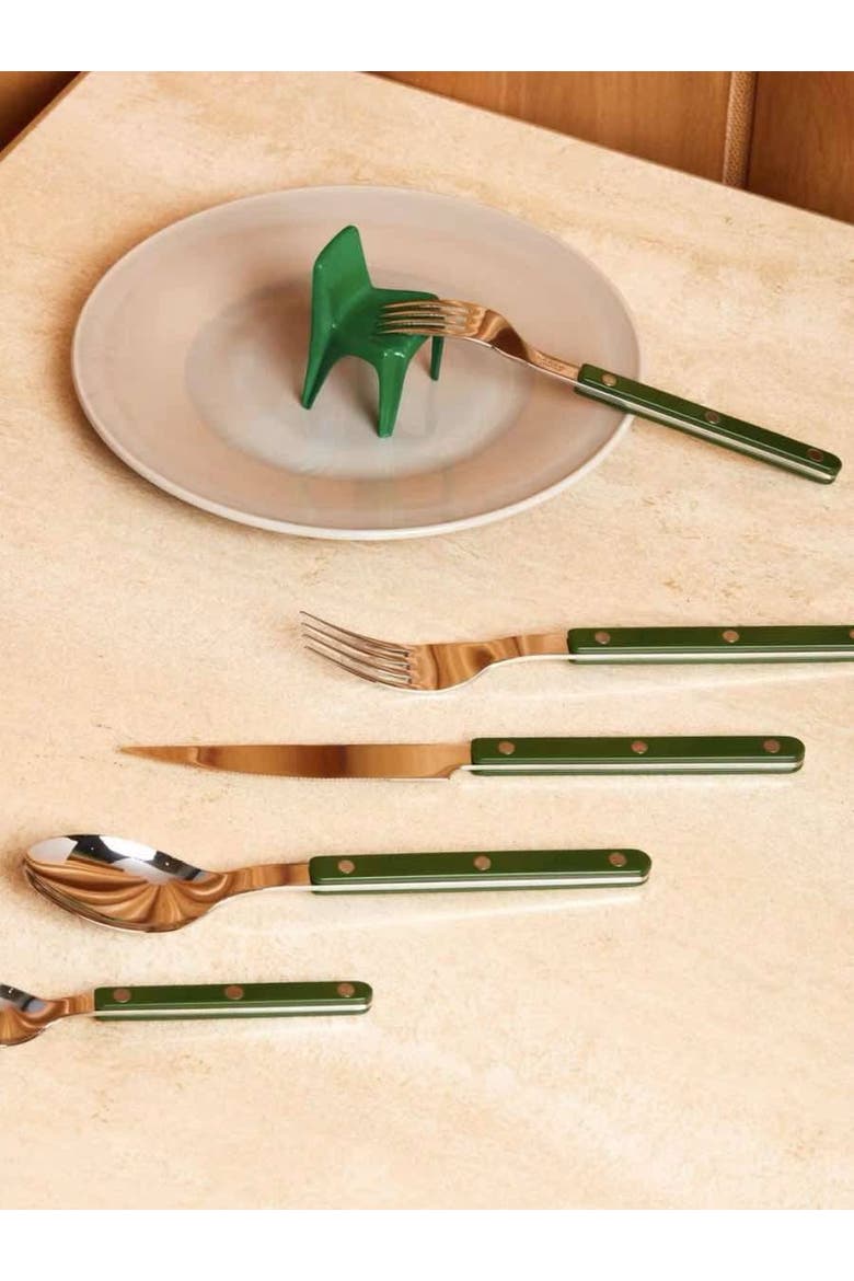 French Retro Flatware Set, Stainless Steel Rivet Cutlery Silverware, Alternate, color, Green