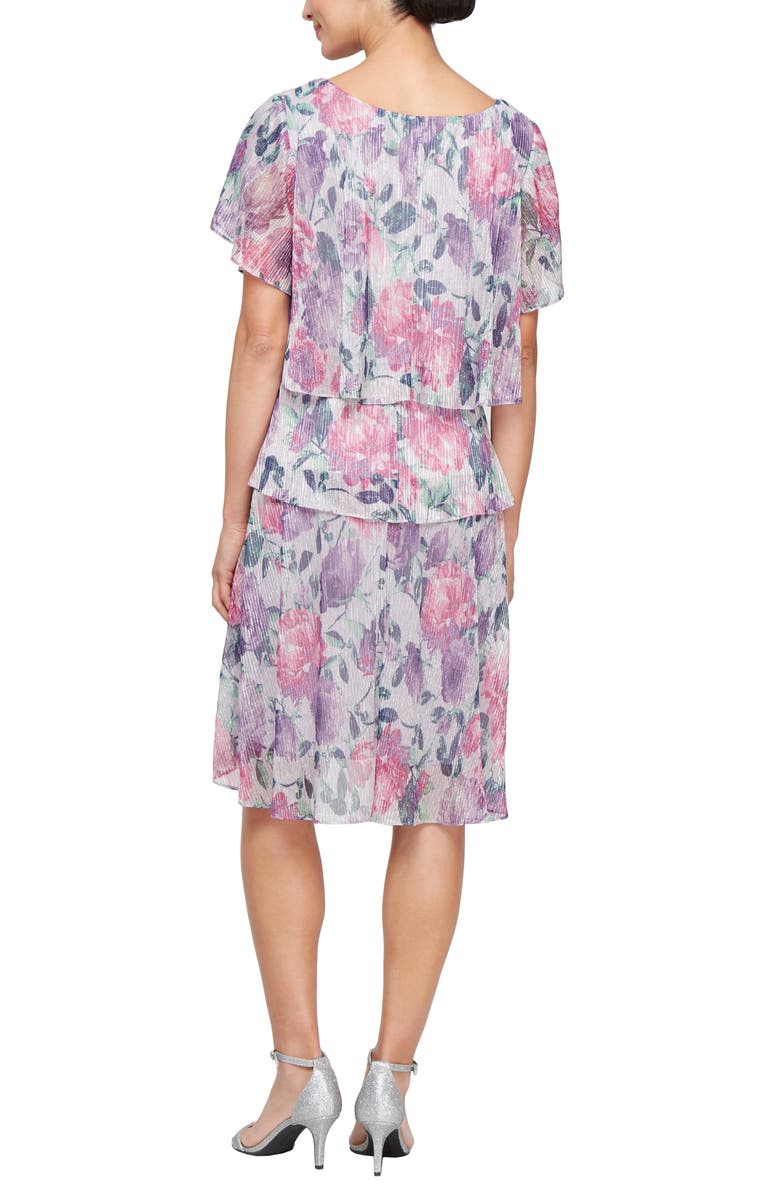 SL FASHIONS Floral Short Sleeve Tiered Metallic Plissé Cocktail Dress, Alternate, color, 