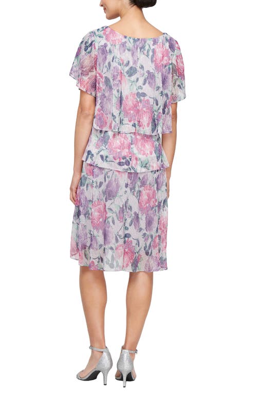 Shop Sl Fashions Floral Short Sleeve Tiered Metallic Plissé Cocktail Dress In Pink Multi