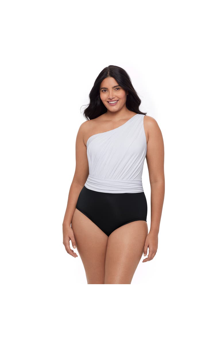 Trimshaper Heather One Shoulder One-Piece Control Swimsuit, Main, color, Black And White