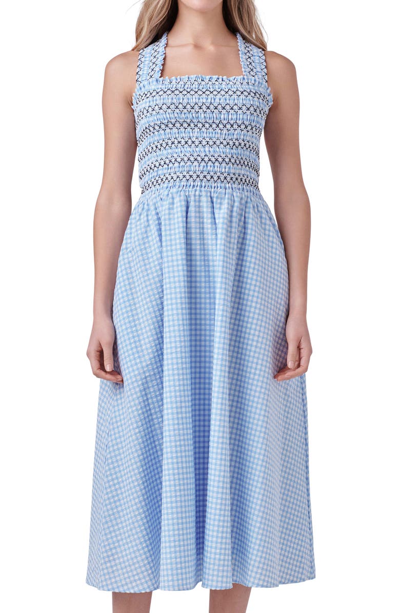 English Factory Gingham Smocked Midi Dress, Alternate, color,