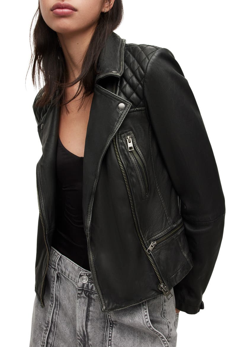 Cargo Leather Biker Jacket, Alternate, color, BLACK/ GREY