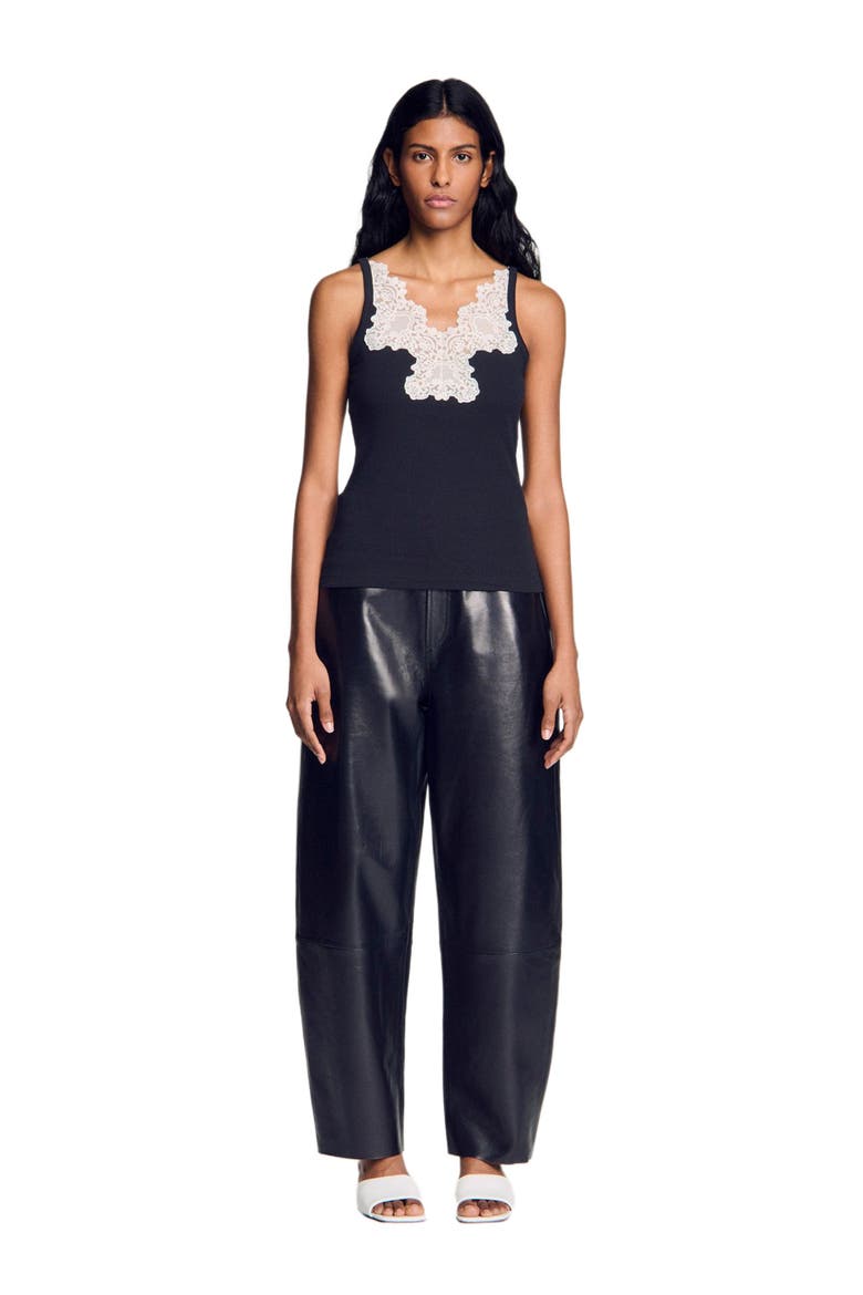Ribbed vest top with lace, Main, color, Black